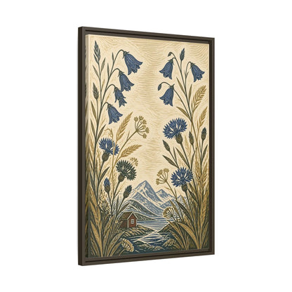 Side Mockup 11. Nordic Harebells & Fjord Cabin shown as framed canvas print