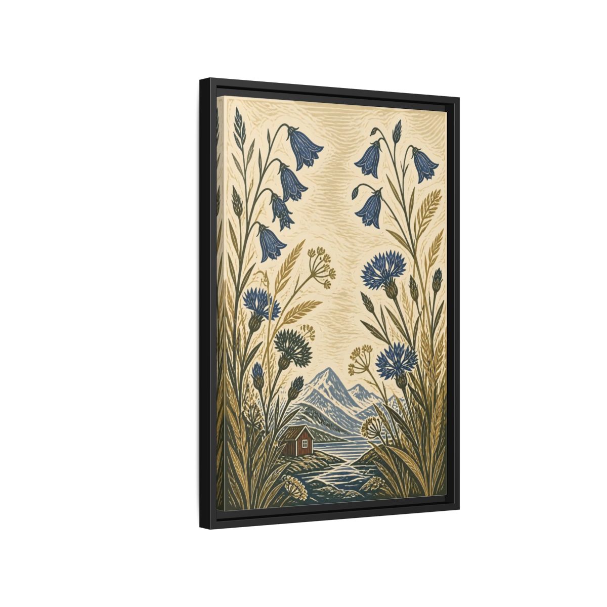Side Mockup 3. Nordic Harebells & Fjord Cabin shown as framed canvas print