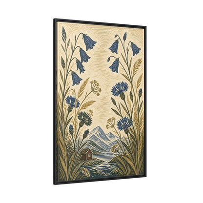 Side Mockup 12. Nordic Harebells & Fjord Cabin shown as framed canvas print