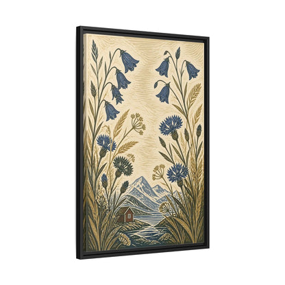 Side Mockup 14. Nordic Harebells & Fjord Cabin shown as framed canvas print