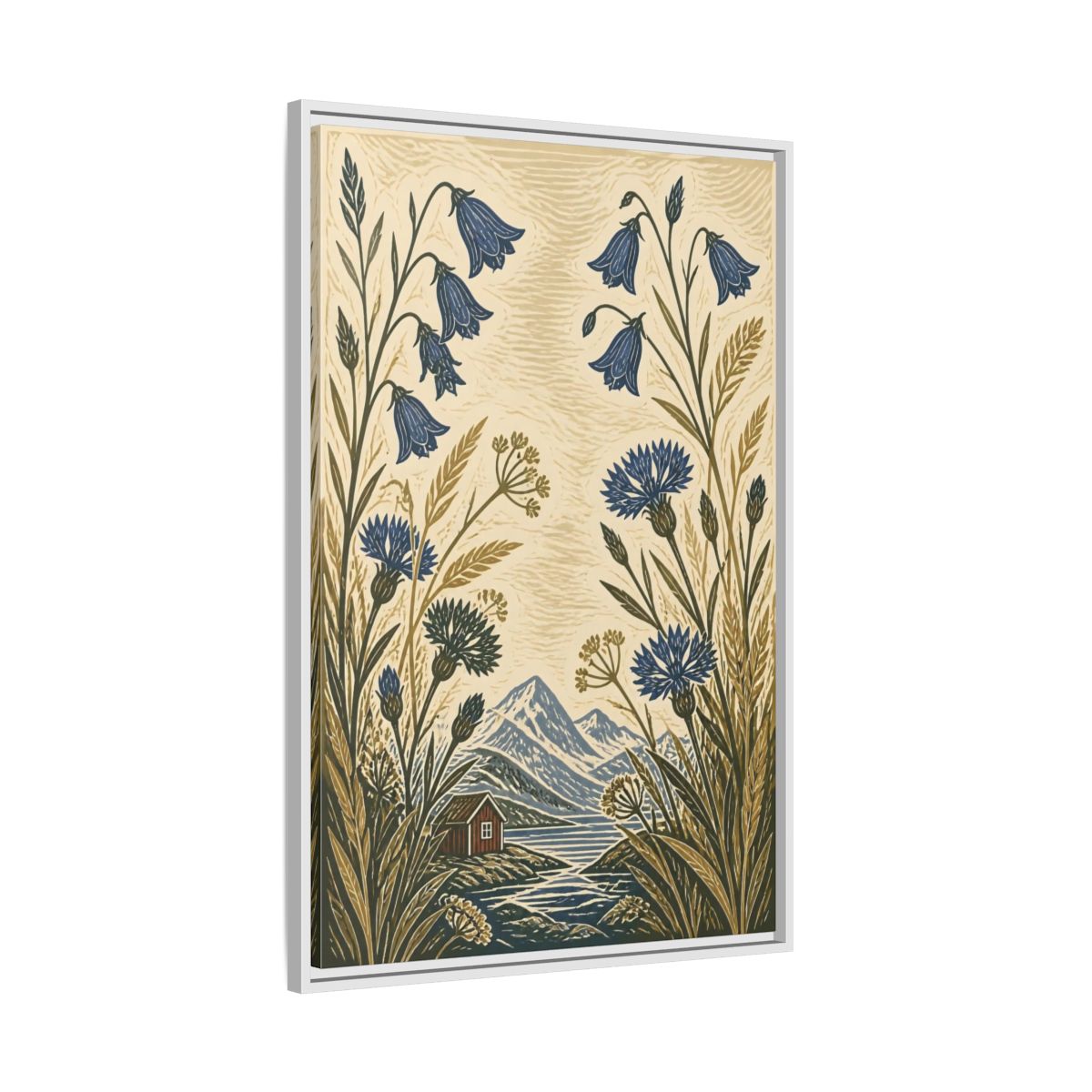 Side Mockup 9. Nordic Harebells & Fjord Cabin shown as framed canvas print