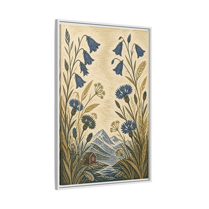 Side Mockup 9. Nordic Harebells & Fjord Cabin shown as framed canvas print
