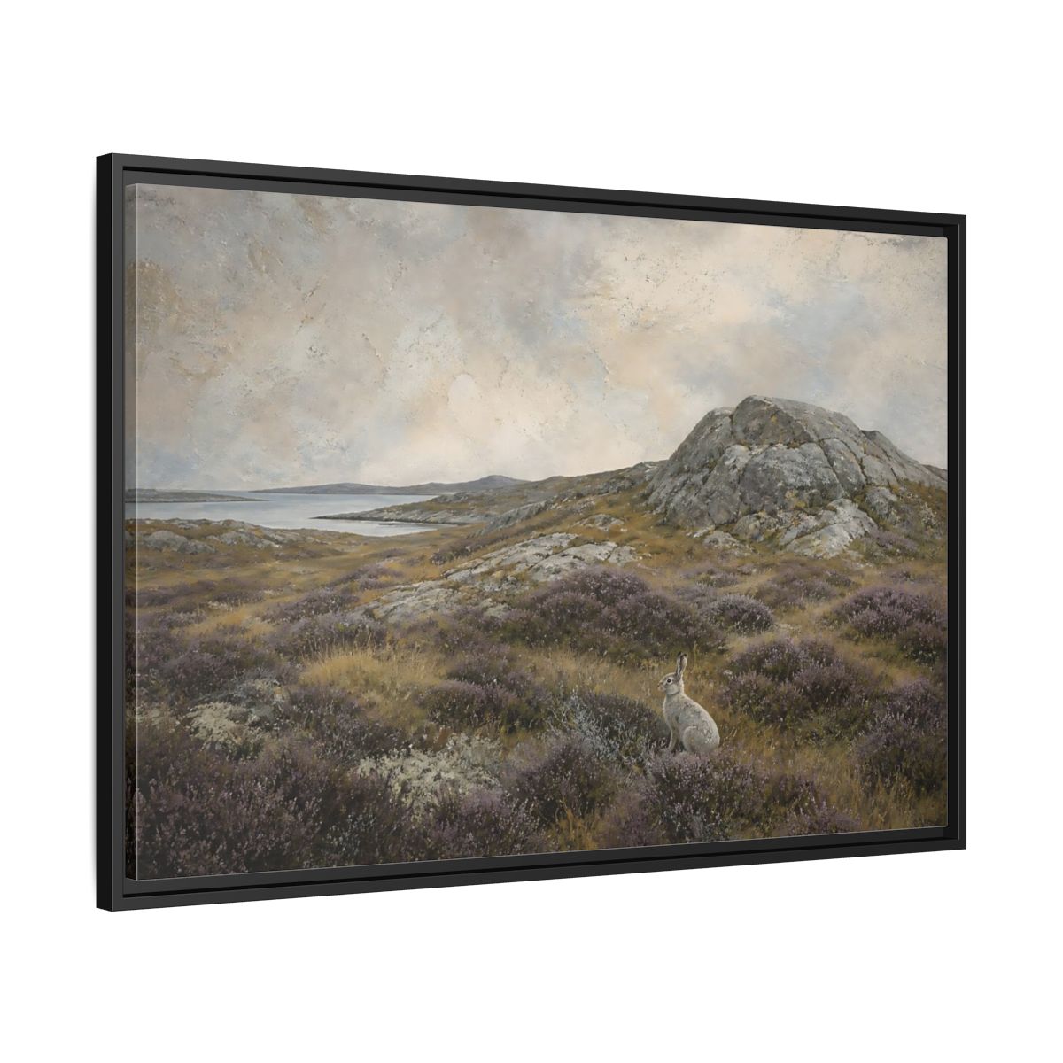 Side Mockup 13. Nordic Heather Hare shown as framed canvas print