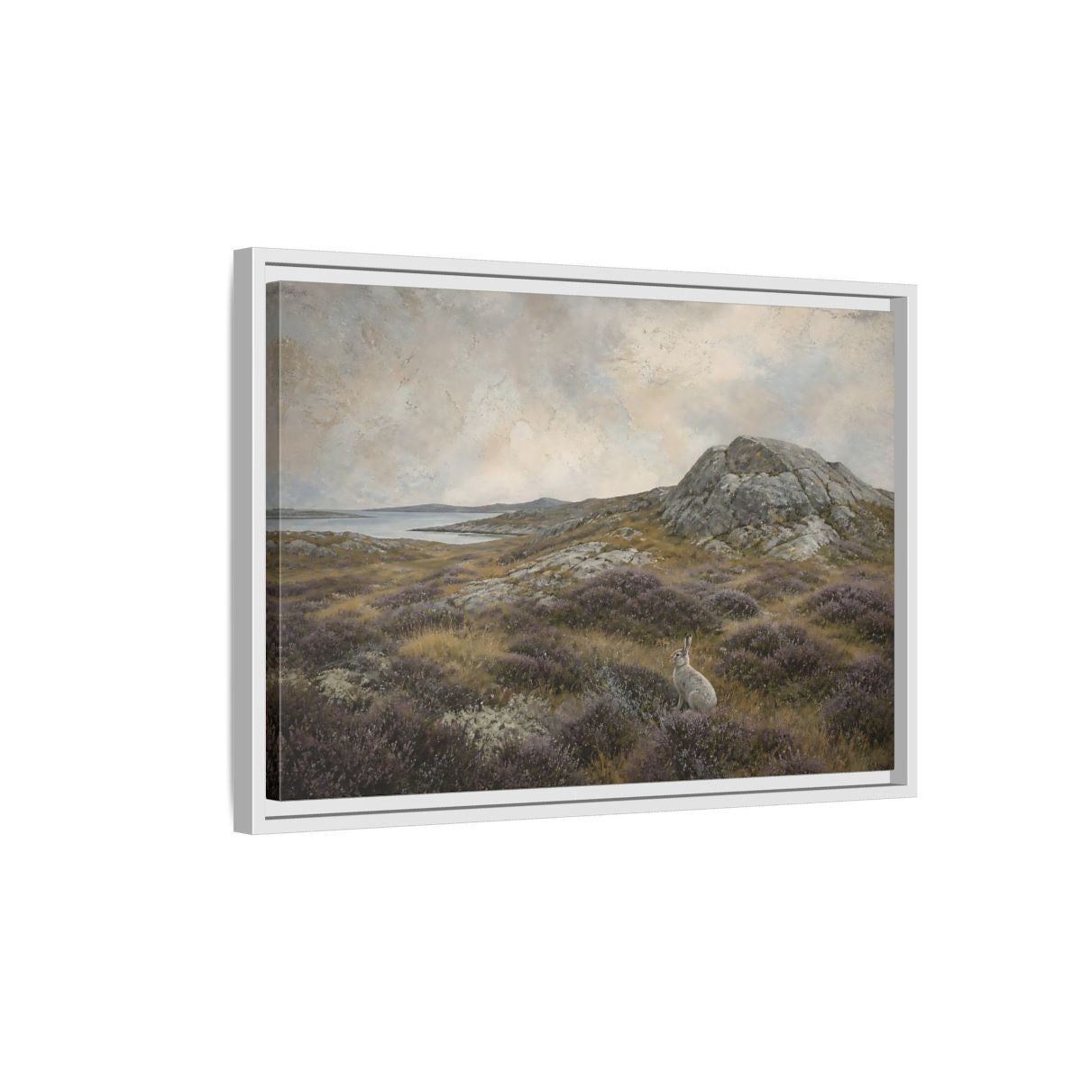 Side Mockup 1. Nordic Heather Hare shown as framed canvas print