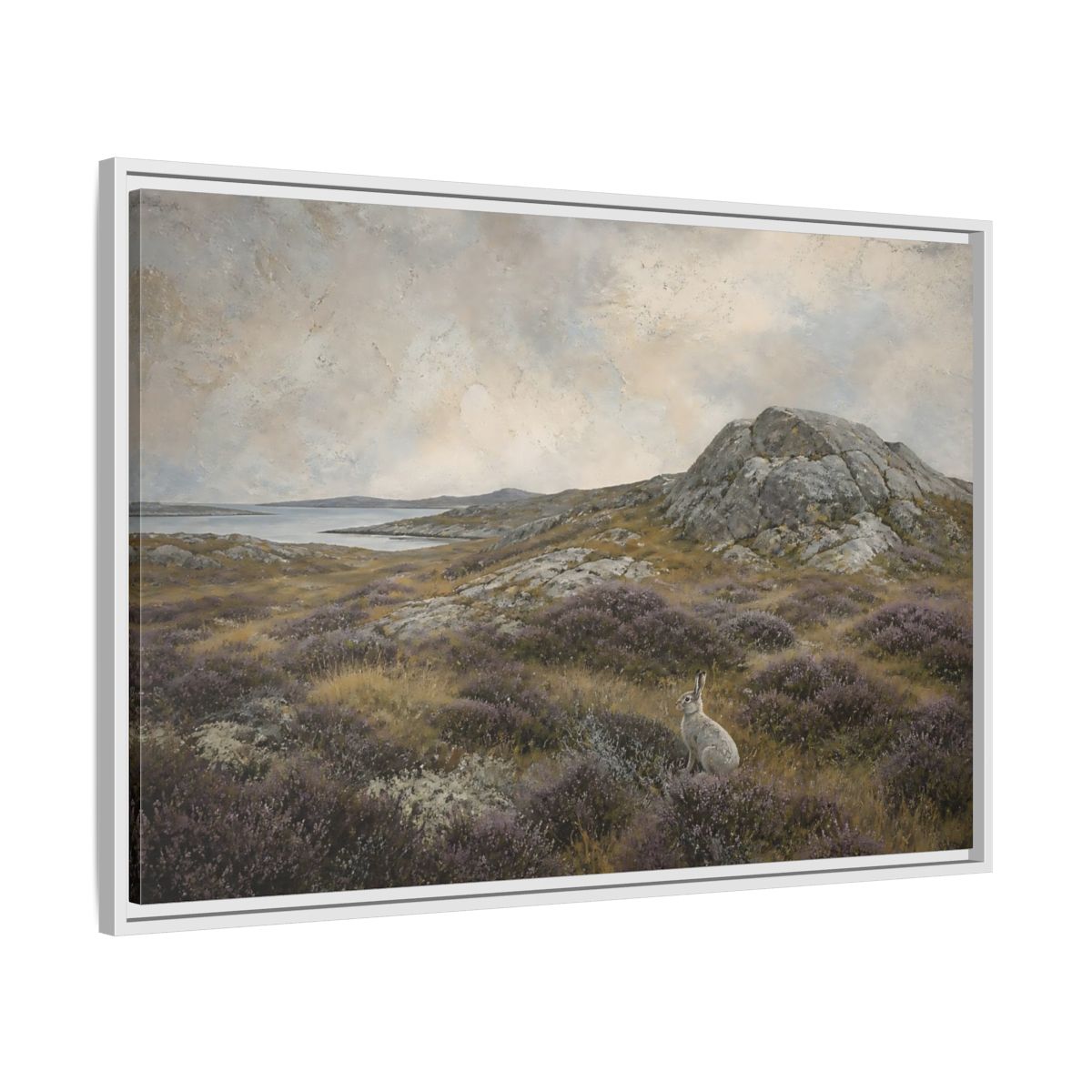 Side Mockup 9. Nordic Heather Hare shown as framed canvas print