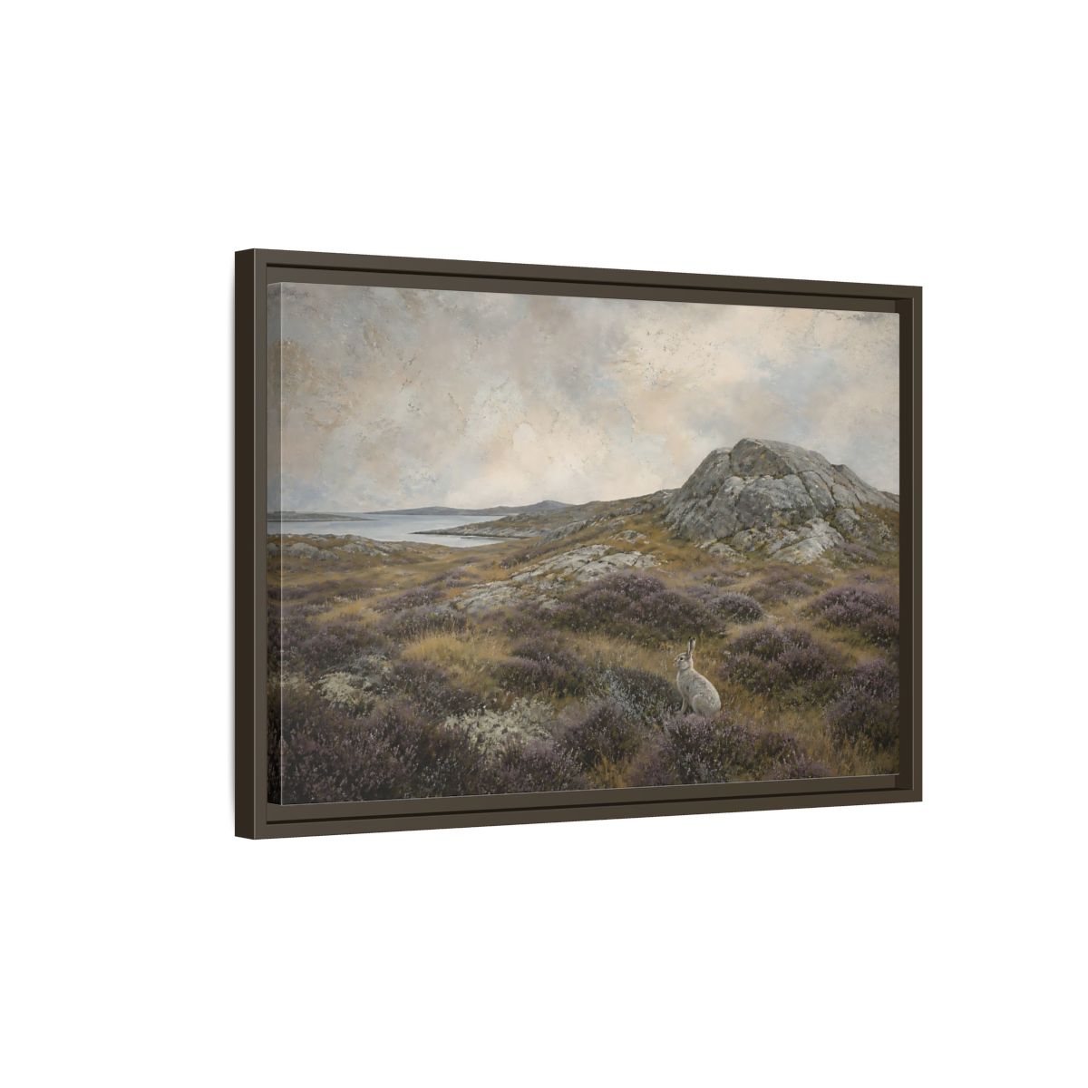 Side Mockup 2. Nordic Heather Hare shown as framed canvas print