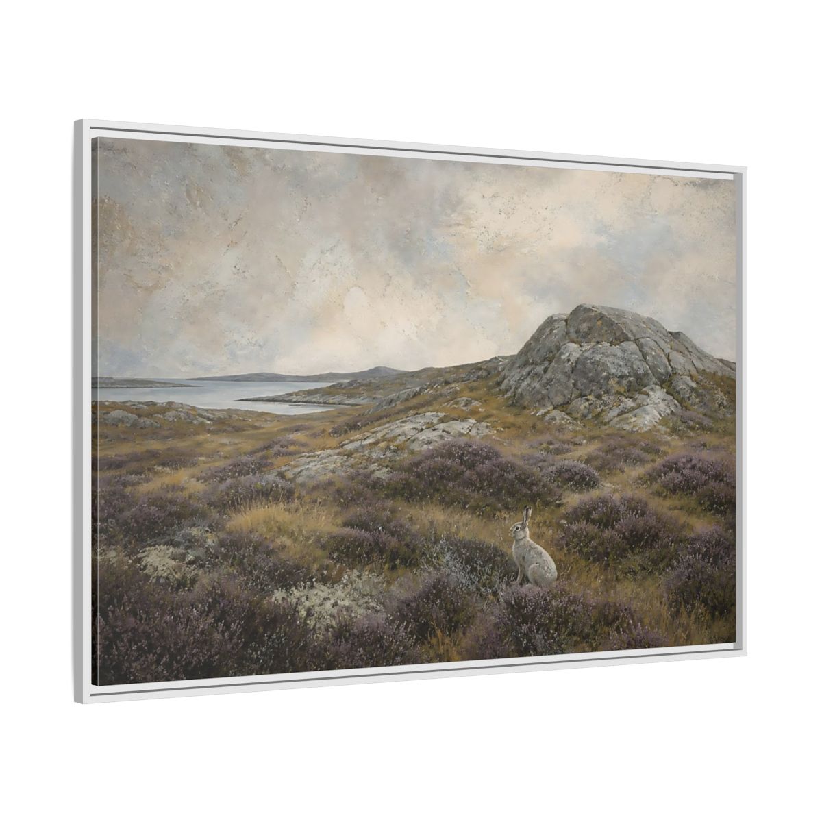 Side Mockup 7. Nordic Heather Hare shown as framed canvas print
