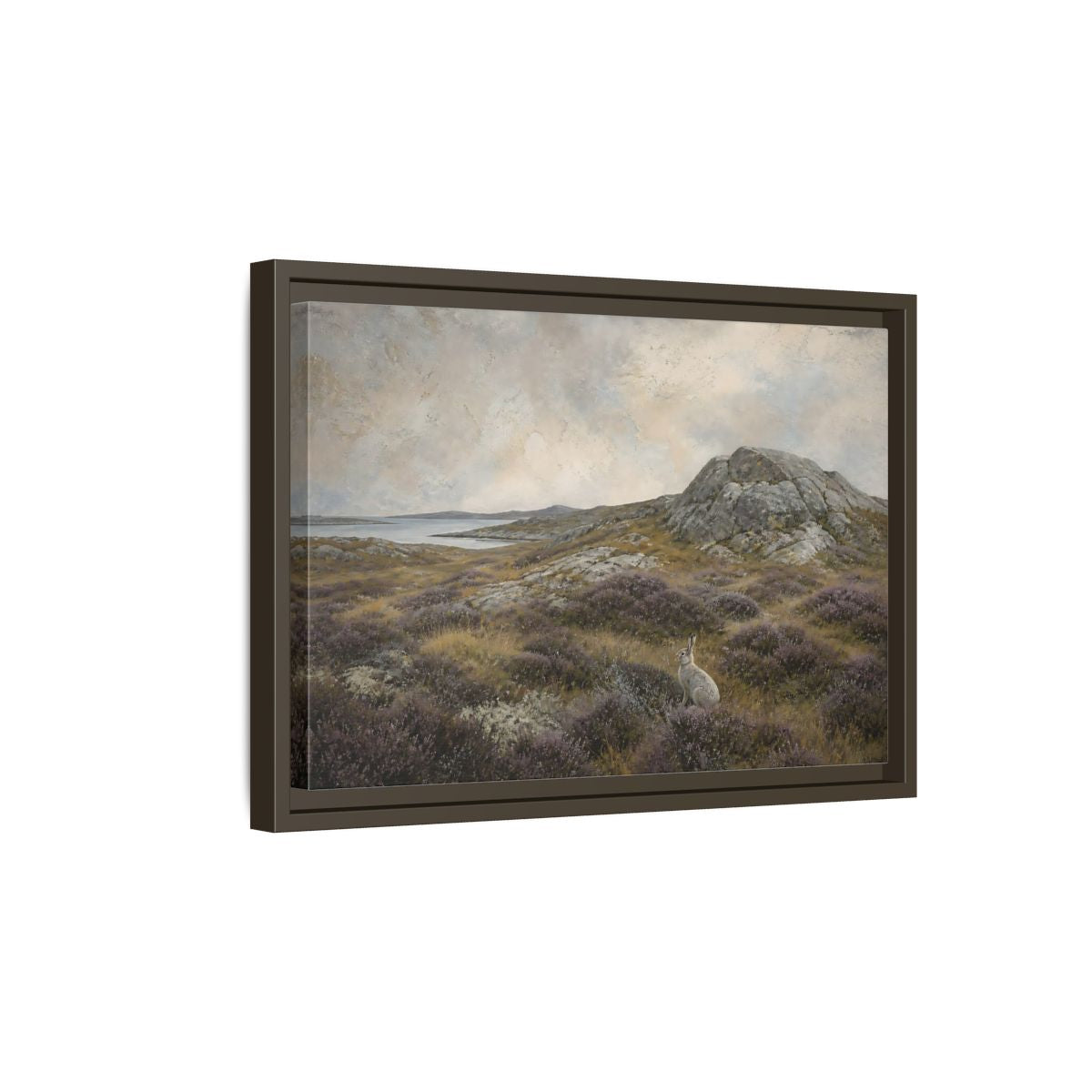 Side Mockup 5. Nordic Heather Hare shown as framed canvas print
