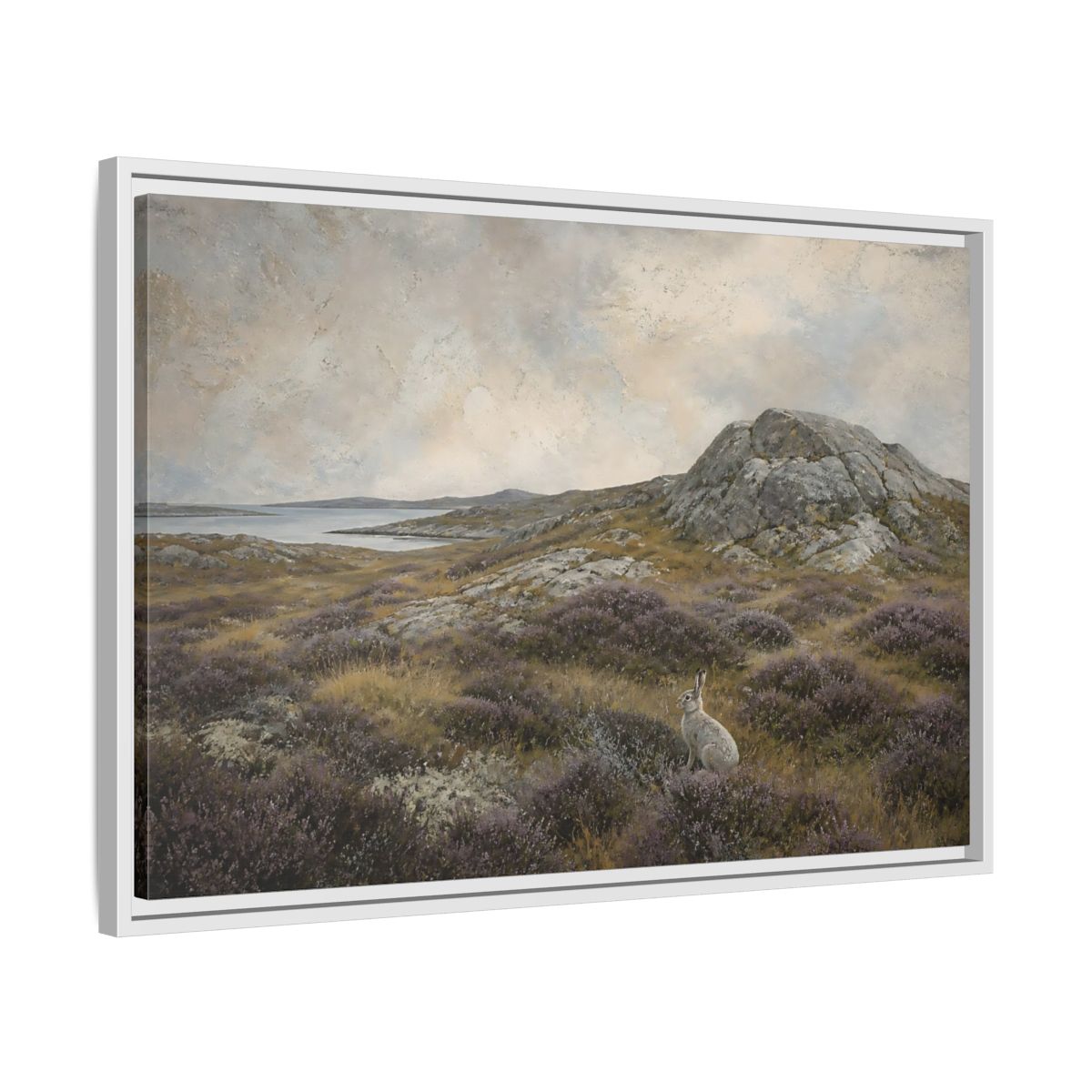 Side Mockup 10. Nordic Heather Hare shown as framed canvas print