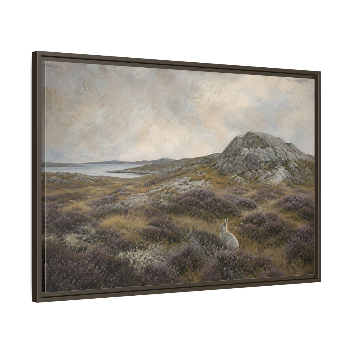 Main Mockup. Nordic Heather Hare shown as framed canvas print