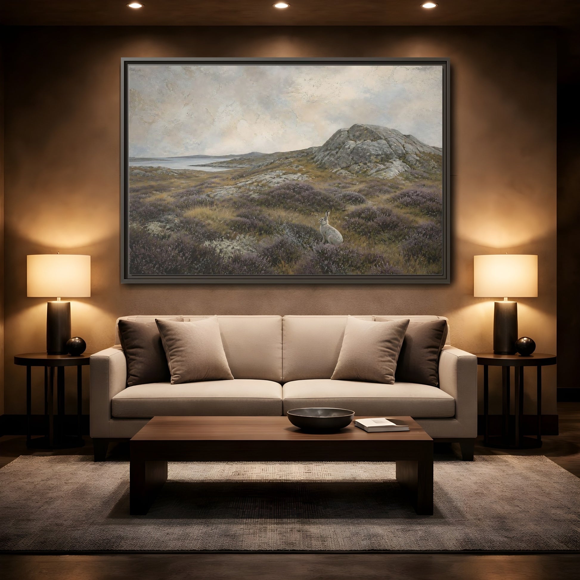 Mockup 2. Nordic Heather Hare shown as framed canvas print