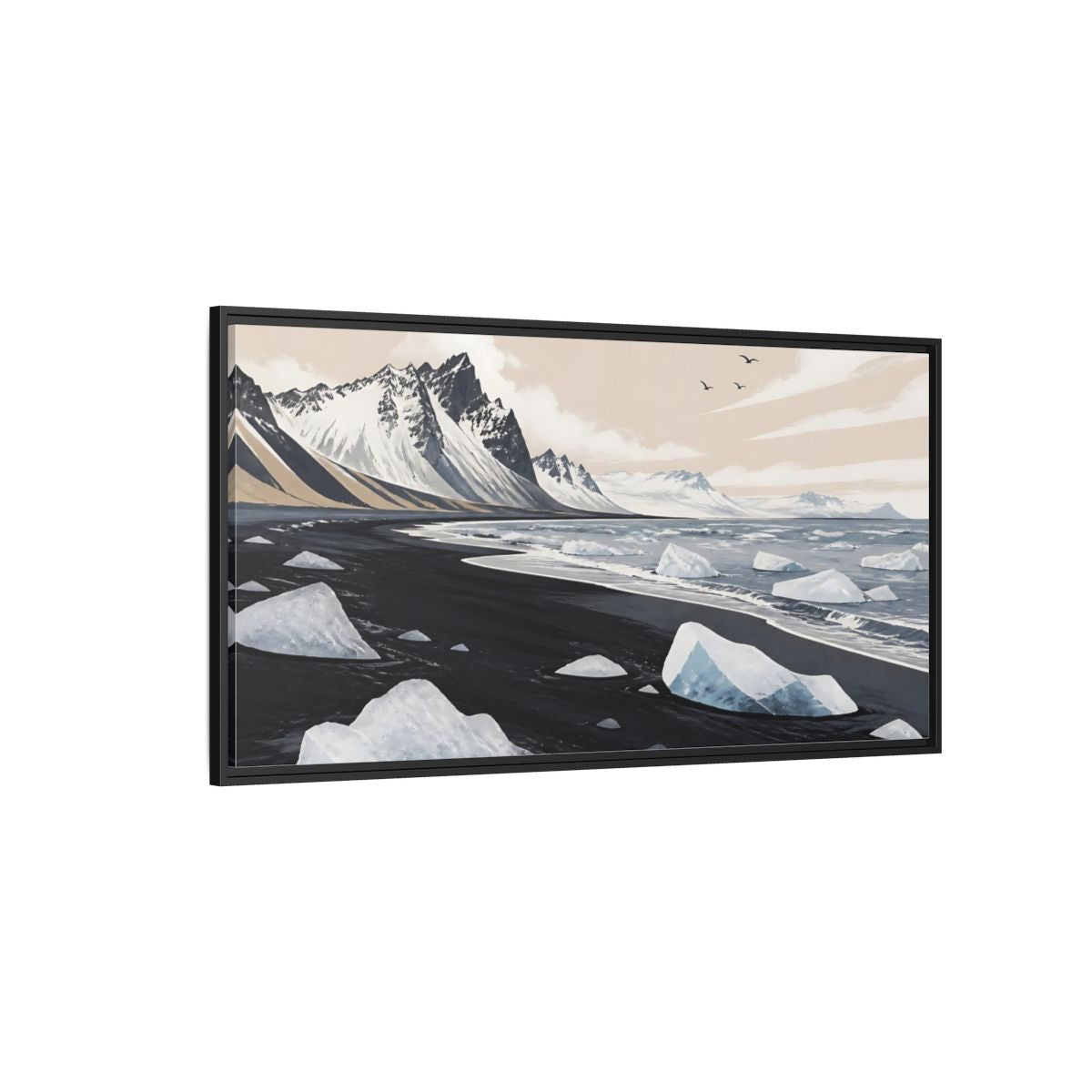 Side Mockup 5. Nordic Ice Beach shown as framed canvas print