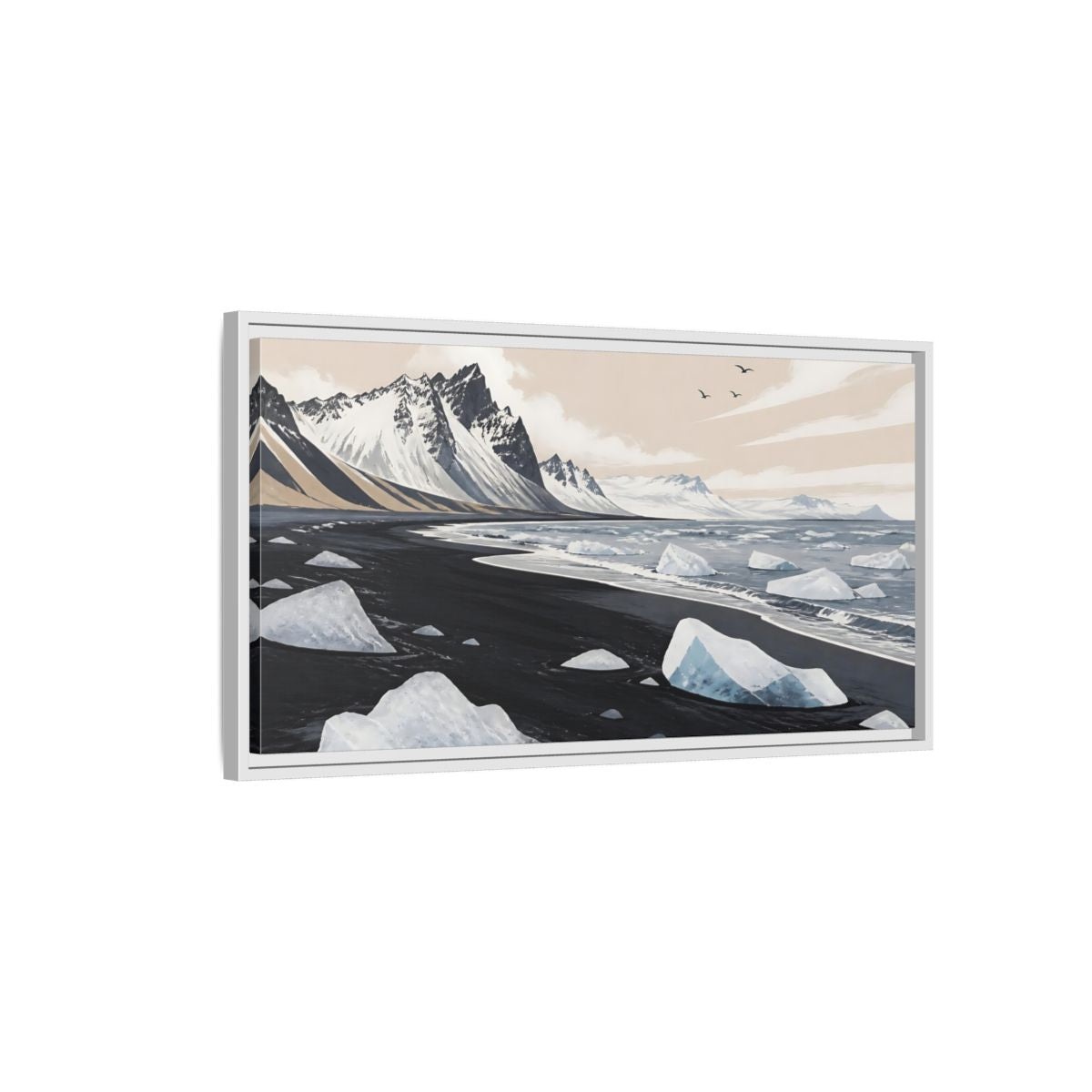Side Mockup 1. Nordic Ice Beach shown as framed canvas print