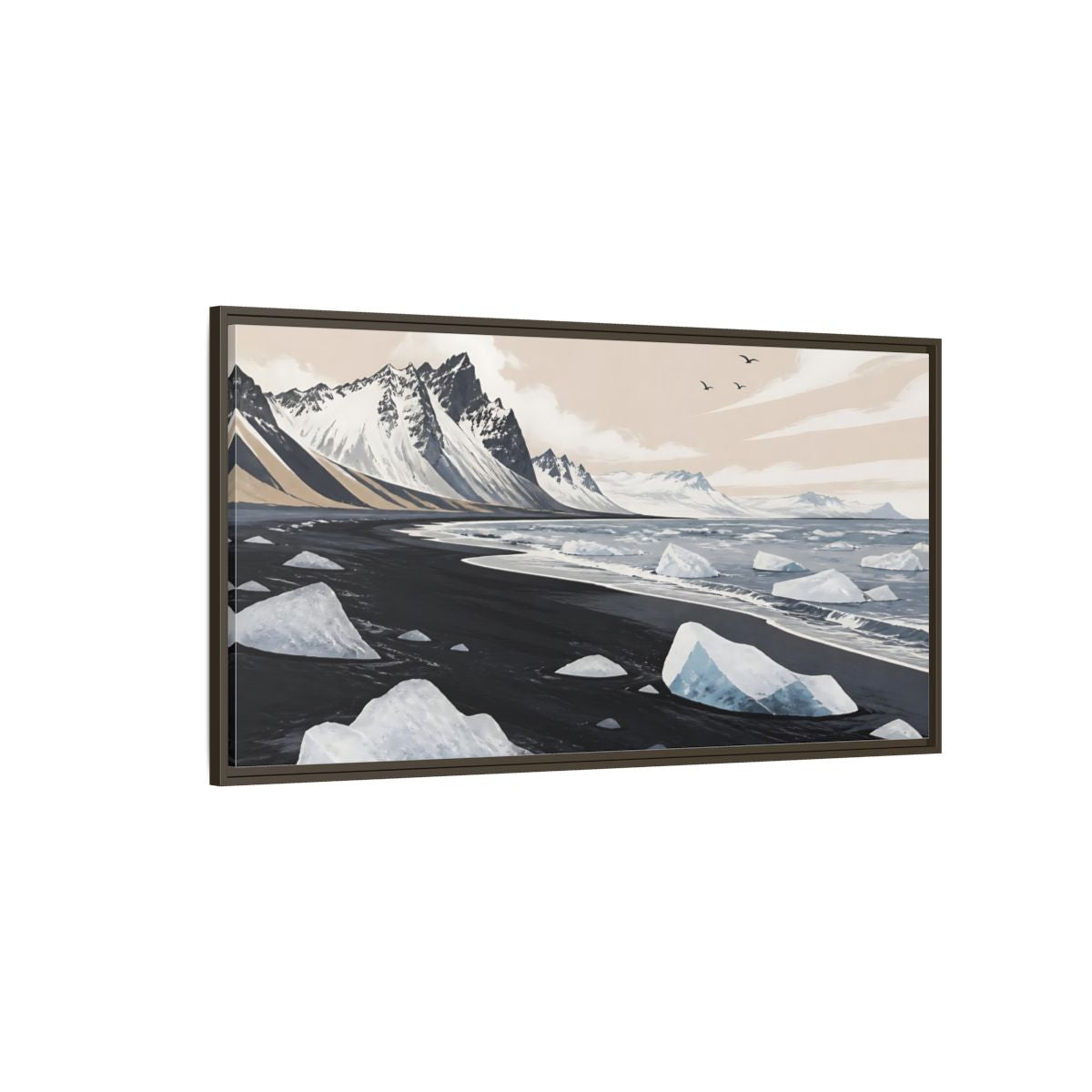 Side Mockup 4. Nordic Ice Beach shown as framed canvas print