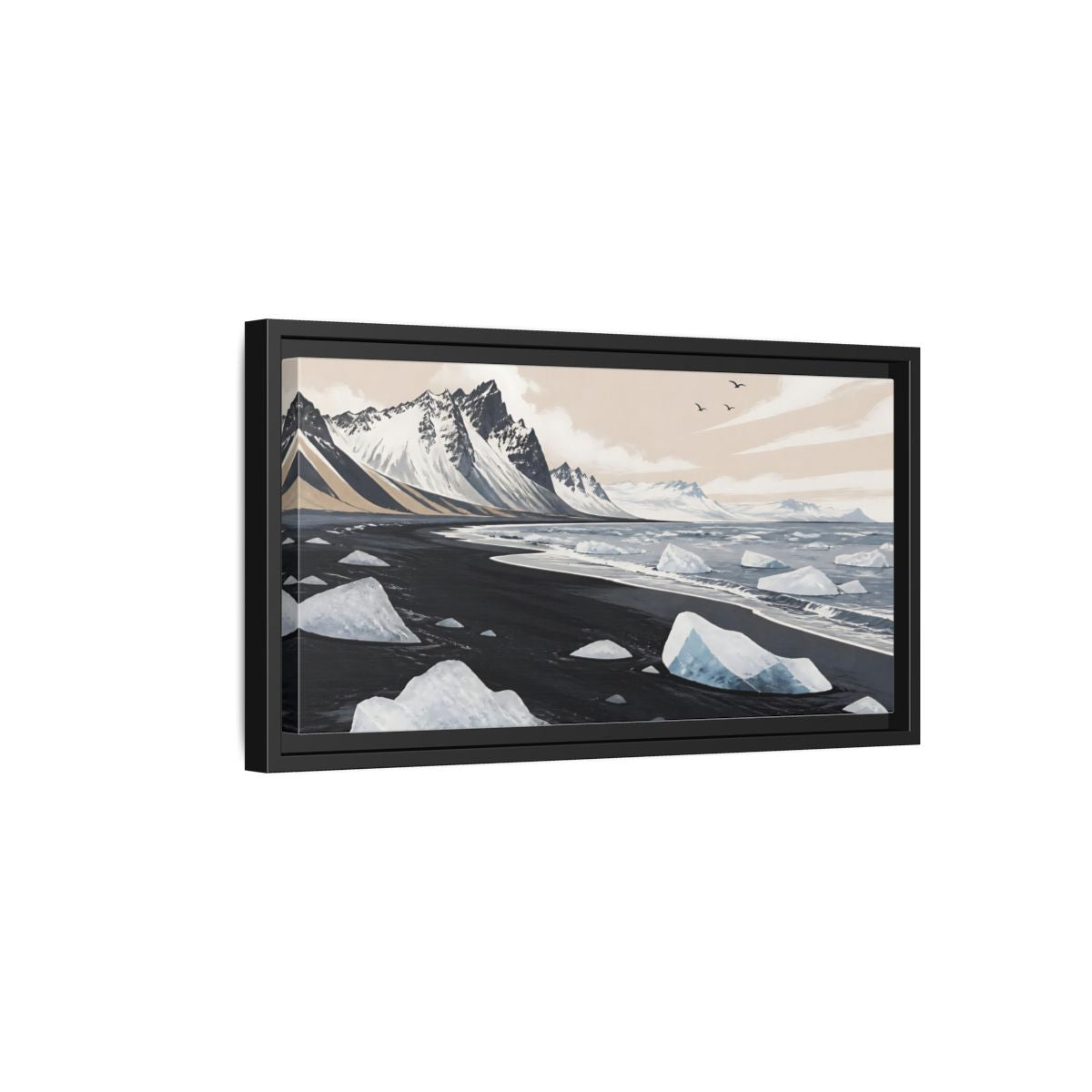 Side Mockup 8. Nordic Ice Beach shown as framed canvas print