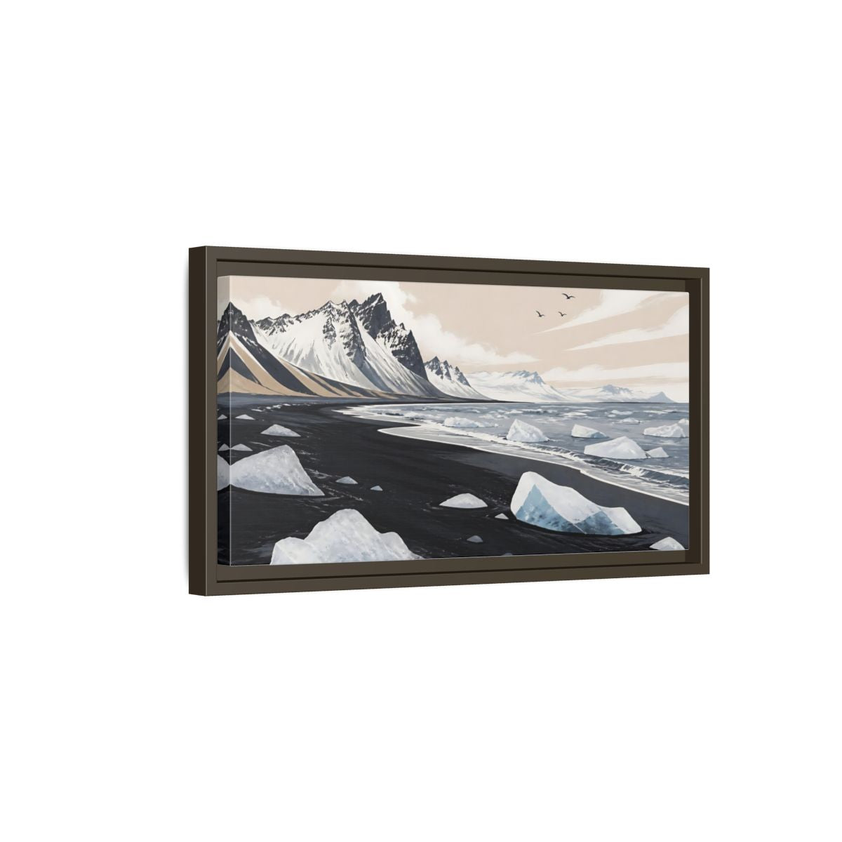Side Mockup 7. Nordic Ice Beach shown as framed canvas print