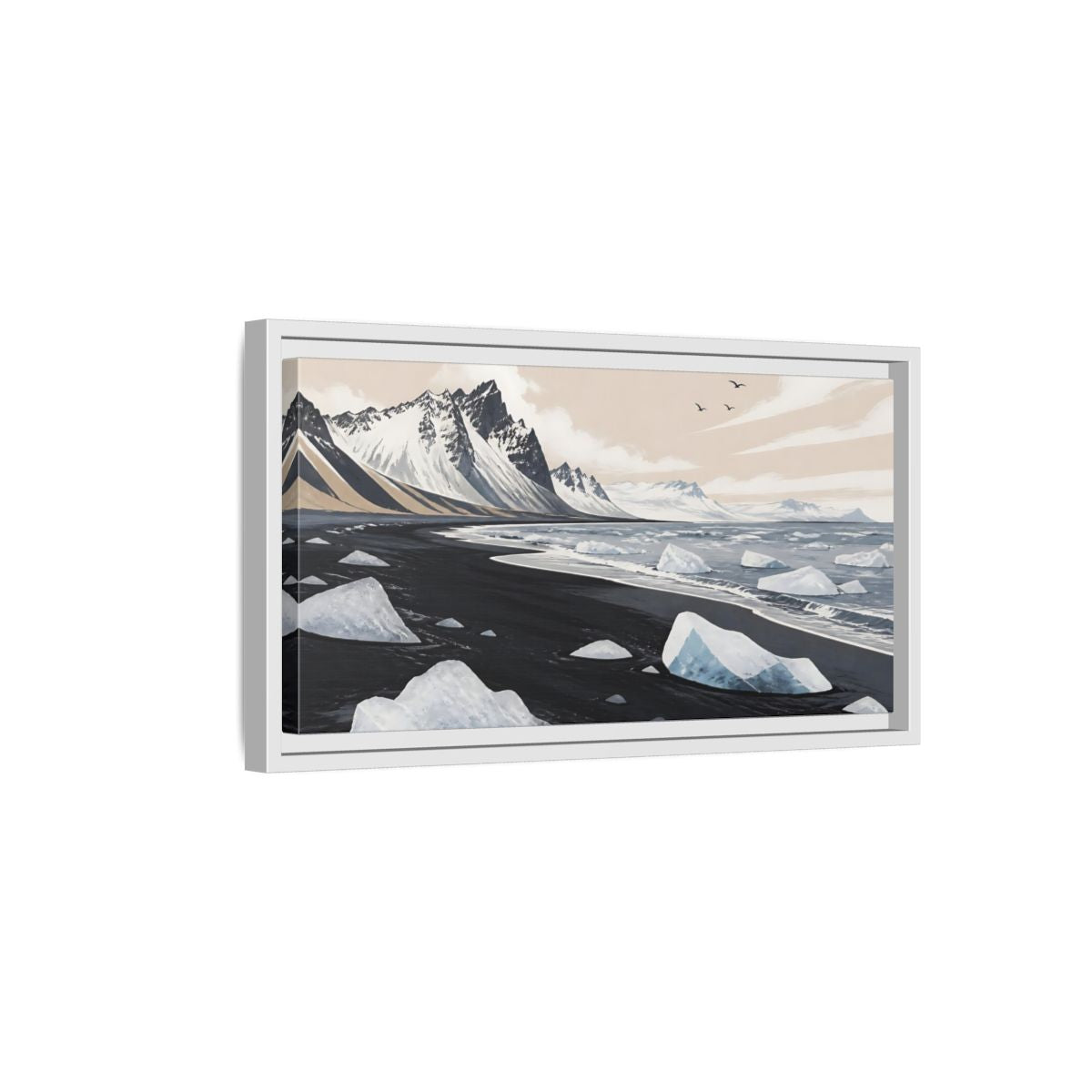 Side Mockup 6. Nordic Ice Beach shown as framed canvas print