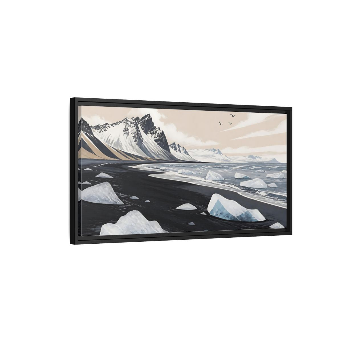 Side Mockup 2. Nordic Ice Beach shown as framed canvas print
