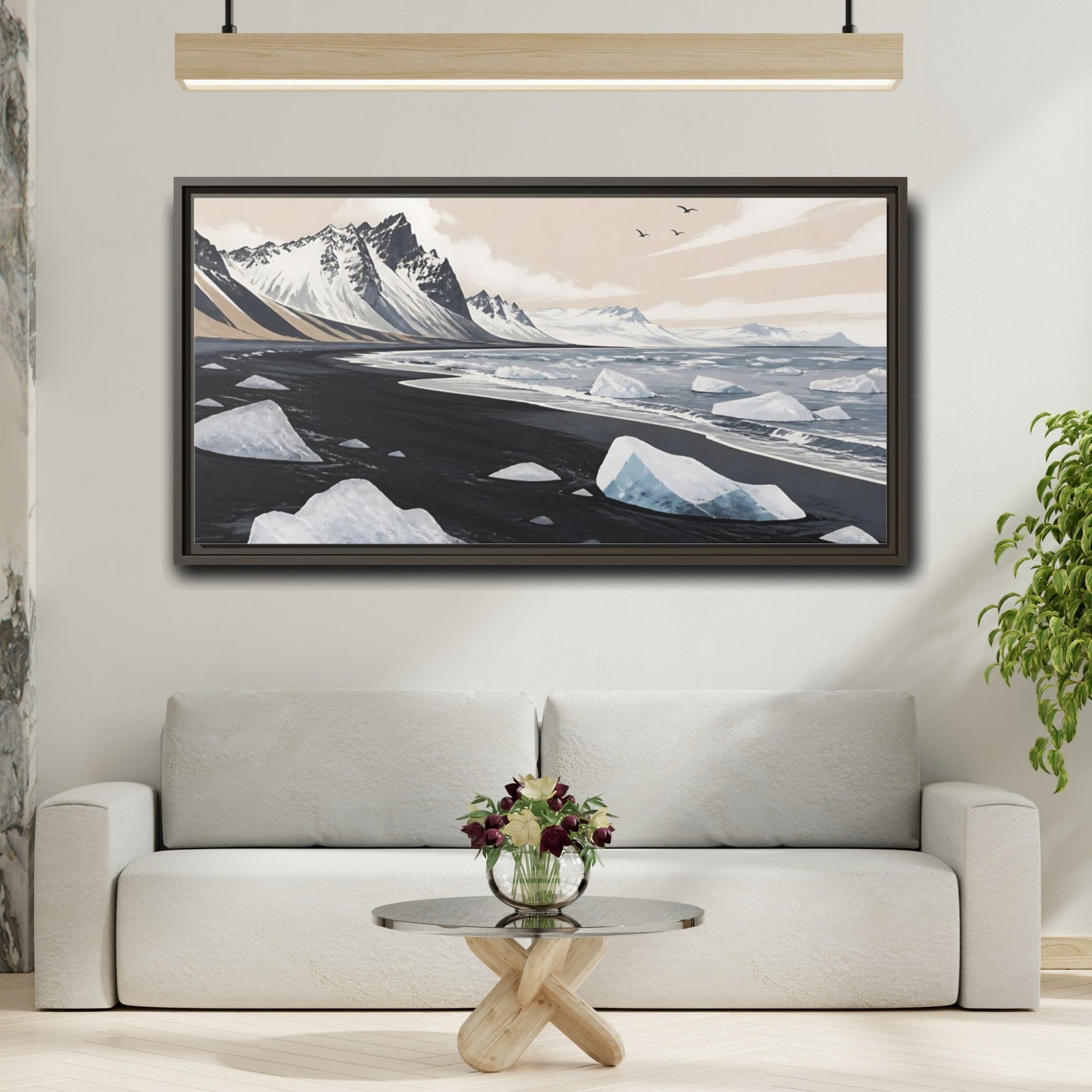 Mockup 2. Nordic Ice Beach shown as framed canvas print