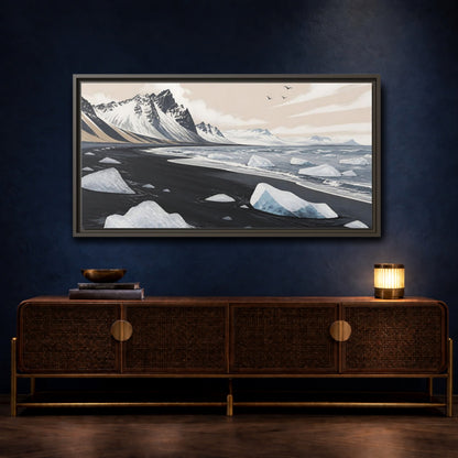 Mockup 4. Nordic Ice Beach shown as framed canvas print