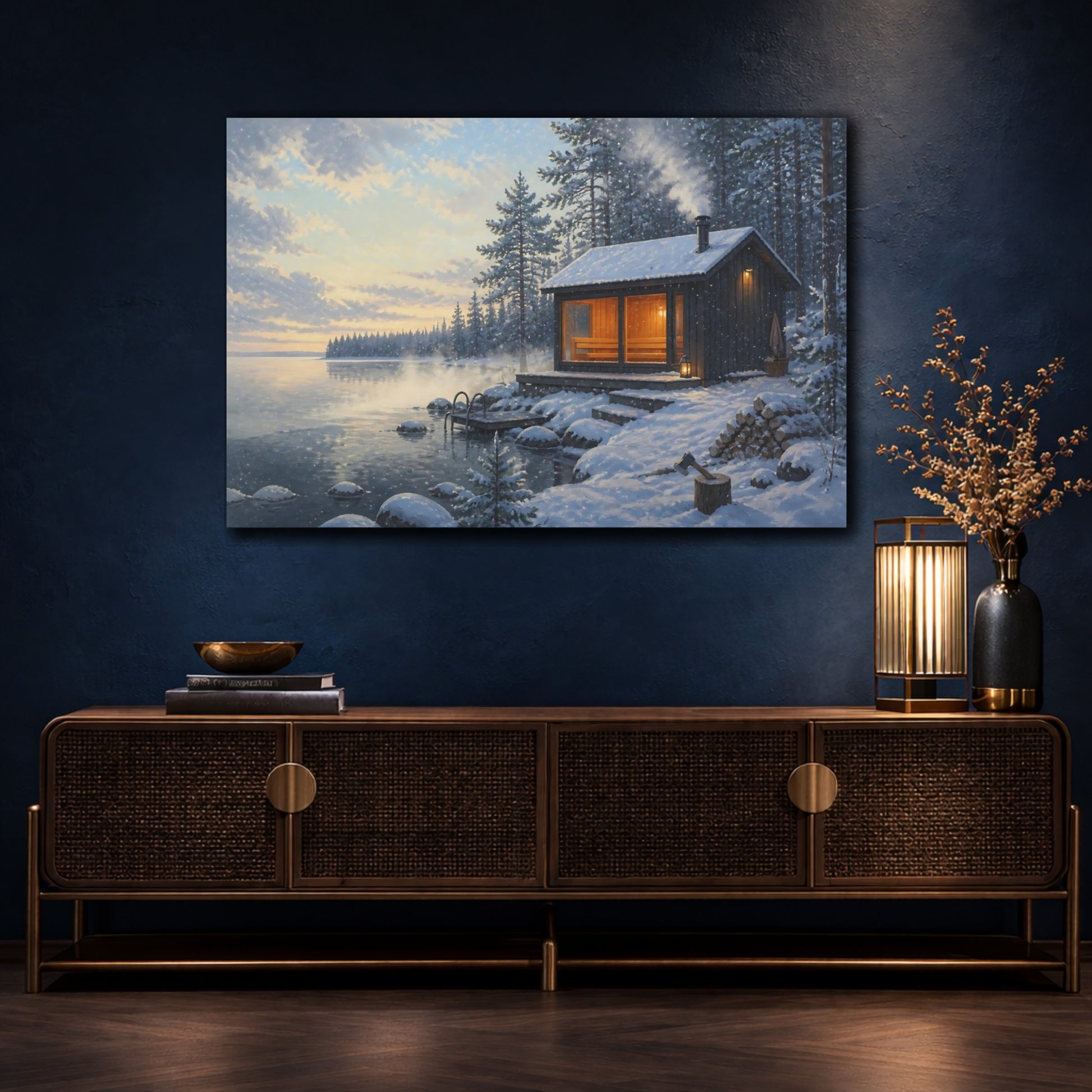 Mockup 4. Nordic Lakeside Sauna shown as canvas print