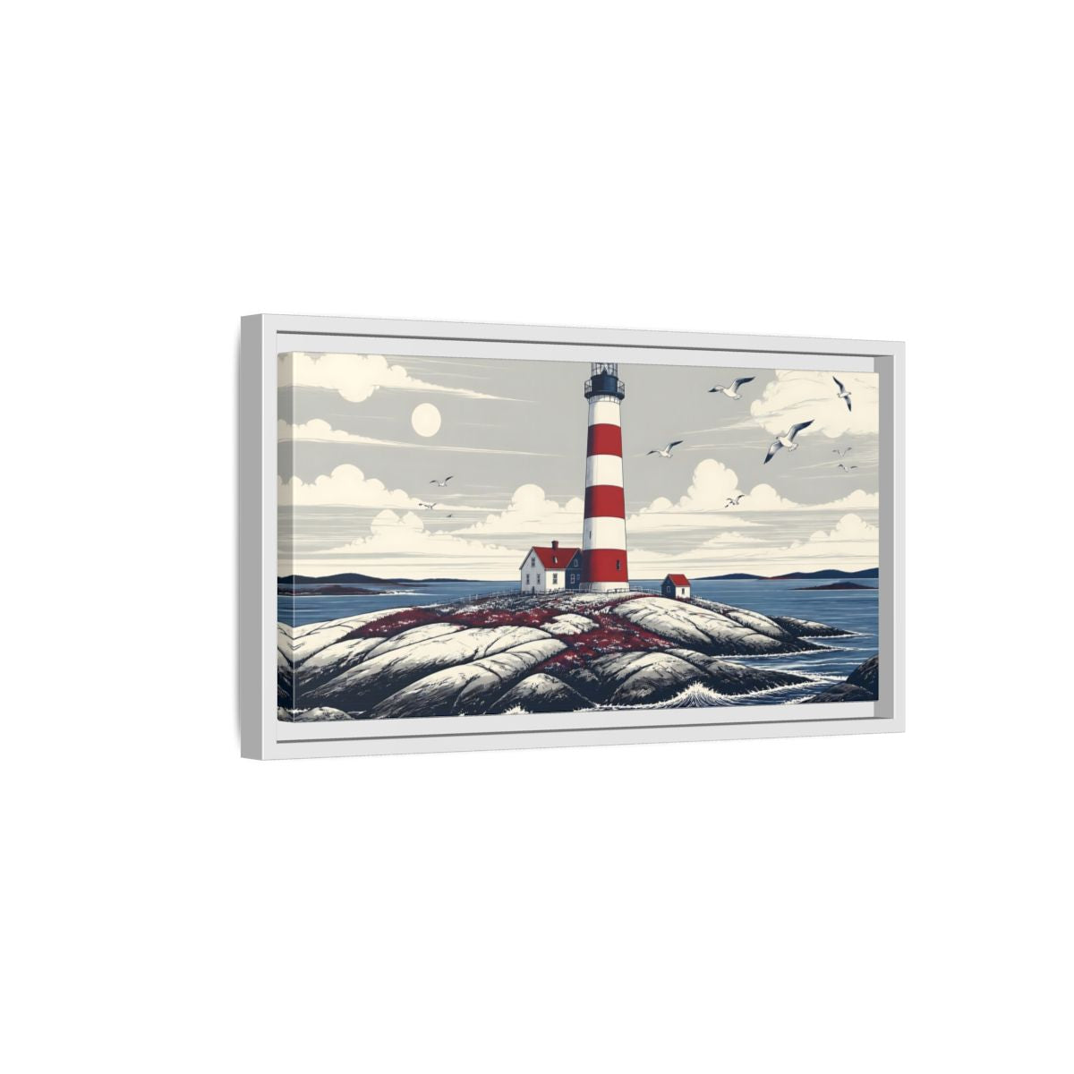 Side Mockup 6. Nordic Lighthouse Retreat shown as framed canvas print