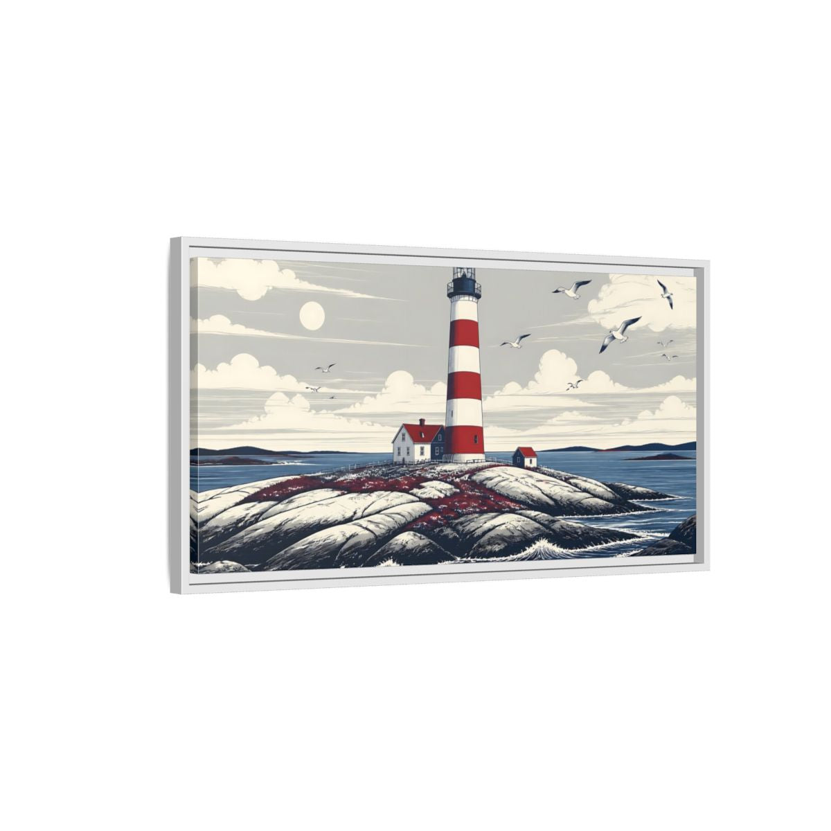 Side Mockup 1. Nordic Lighthouse Retreat shown as framed canvas print