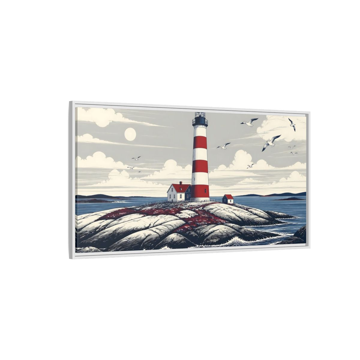 Side Mockup 3. Nordic Lighthouse Retreat shown as framed canvas print