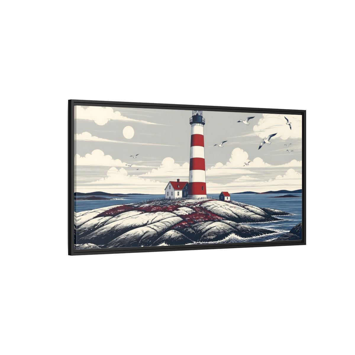 Side Mockup 5. Nordic Lighthouse Retreat shown as framed canvas print