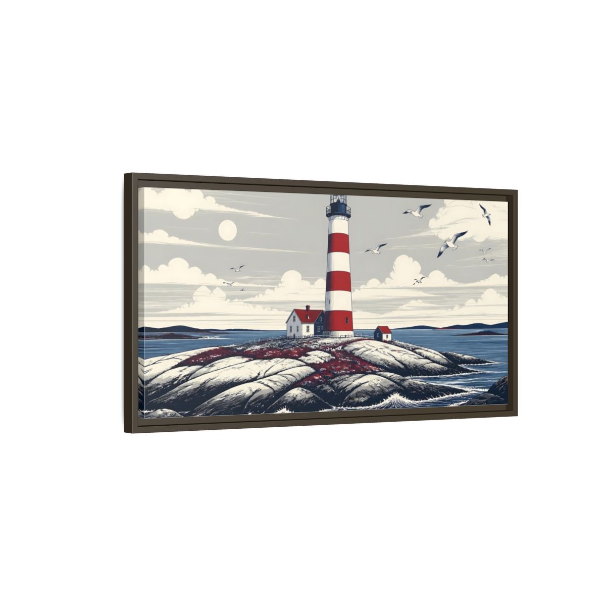 Main Mockup. Nordic Lighthouse Retreat shown as framed canvas print