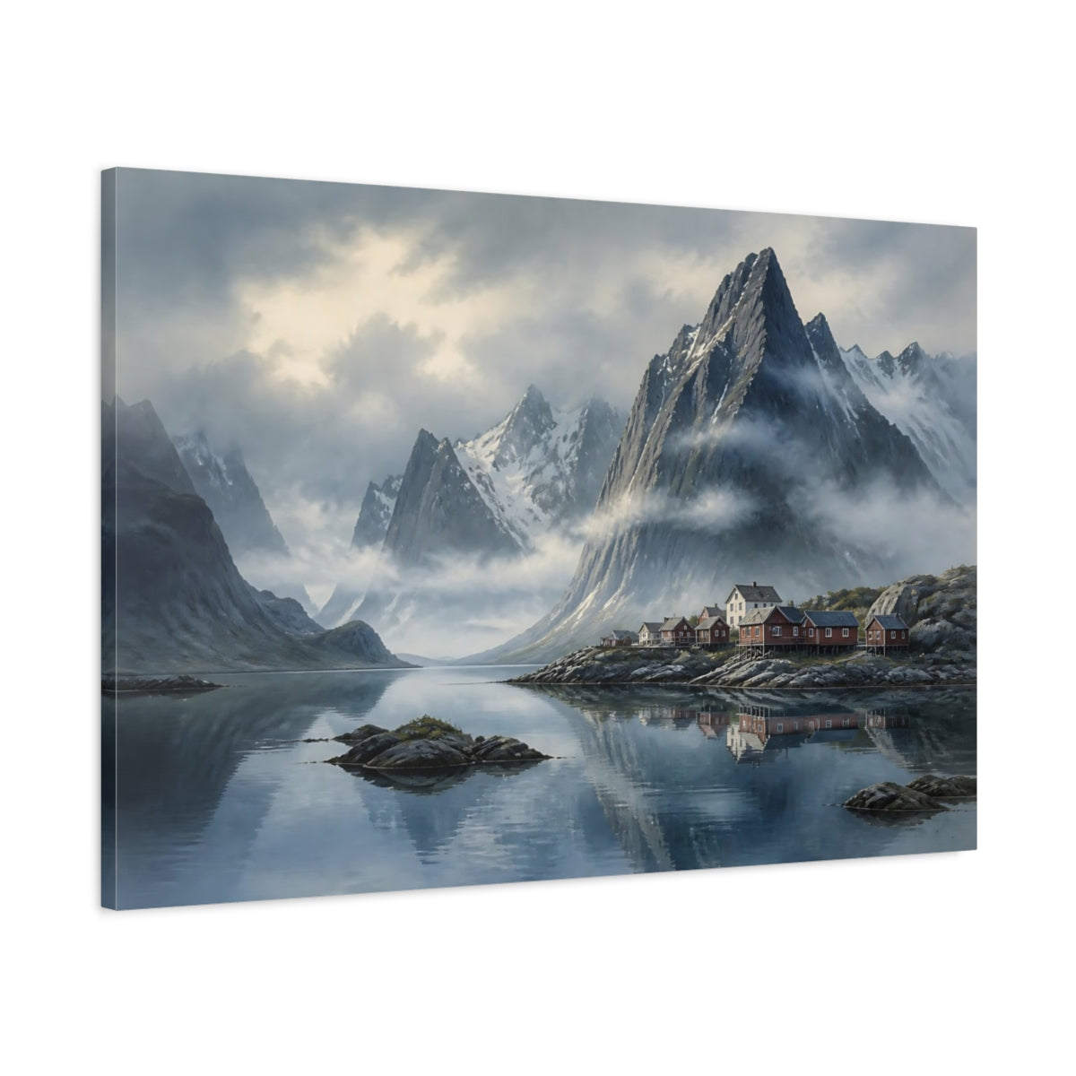 Main Mockup. Nordic Misty Mountain Fjord shown as canvas print