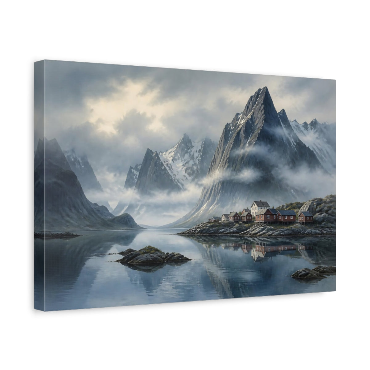 Side Mockup 4. Nordic Misty Mountain Fjord shown as canvas print