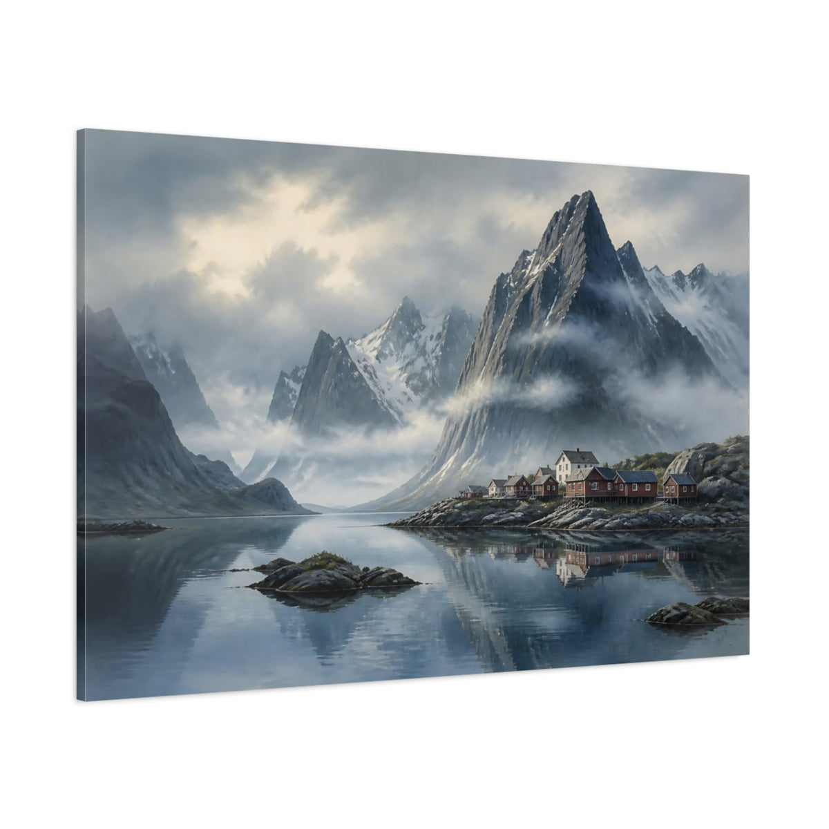 Side Mockup 1. Nordic Misty Mountain Fjord shown as canvas print