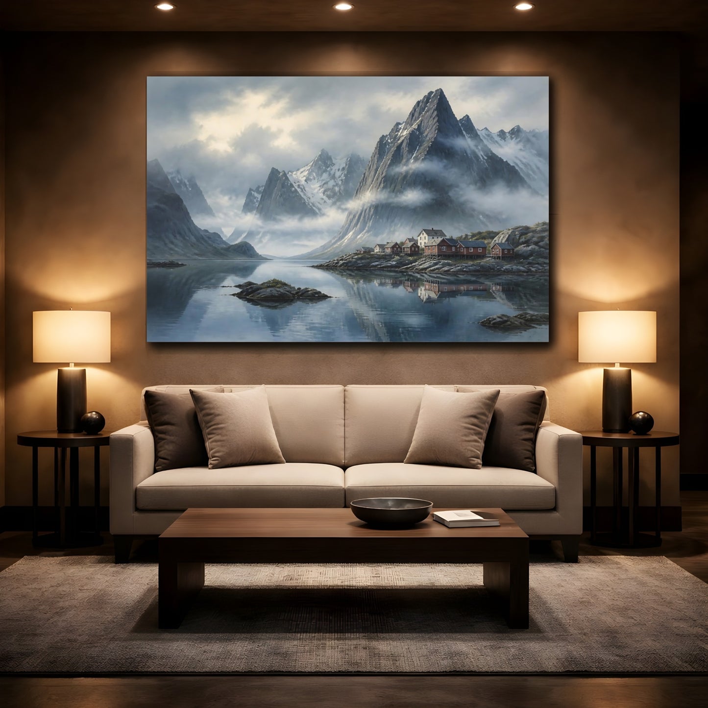 Mockup 2. Nordic Misty Mountain Fjord shown as canvas print