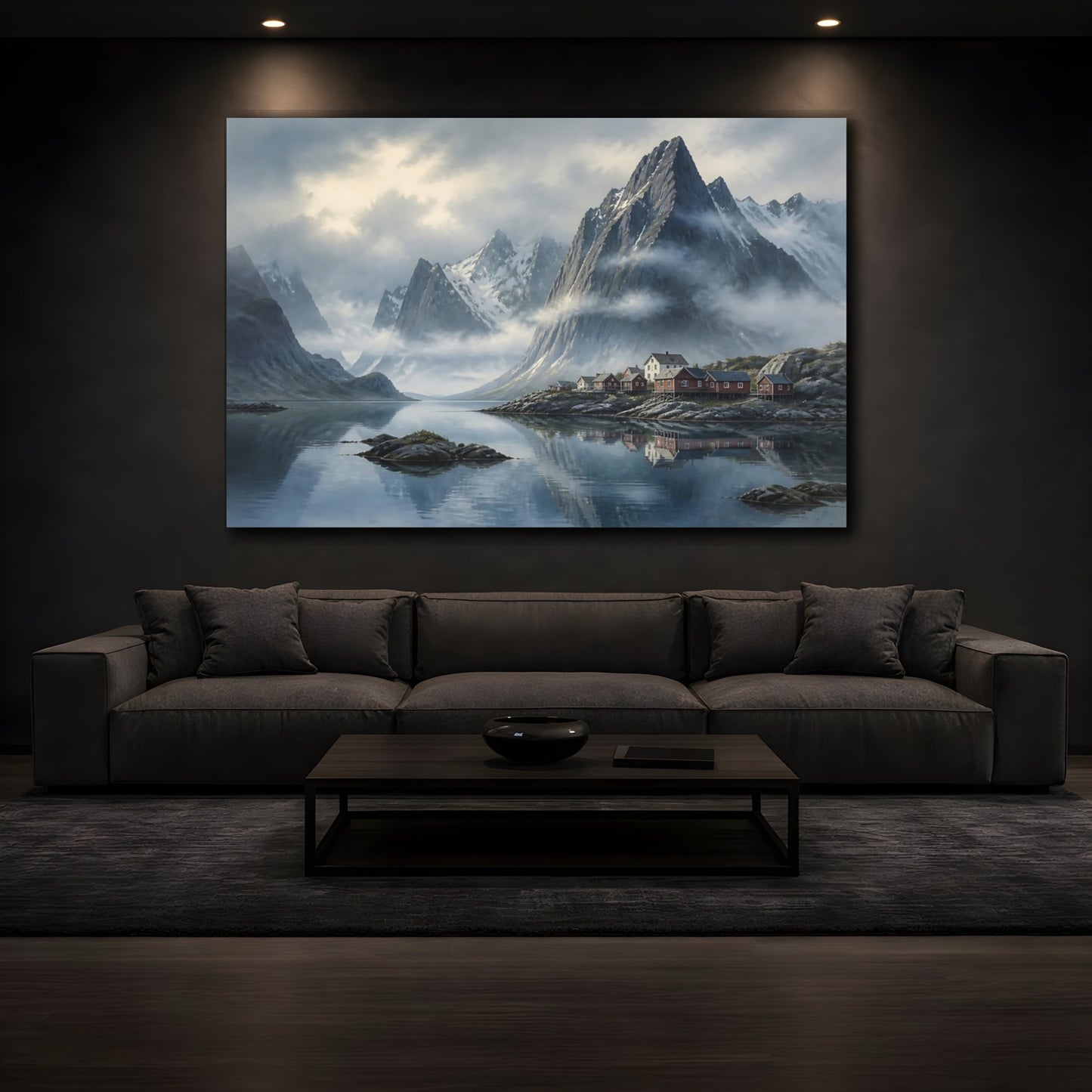 Mockup 3. Nordic Misty Mountain Fjord shown as canvas print