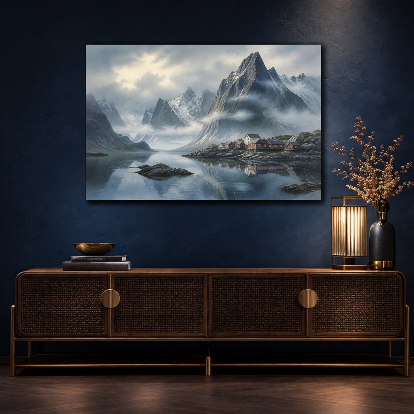 Mockup 4. Nordic Misty Mountain Fjord shown as canvas print