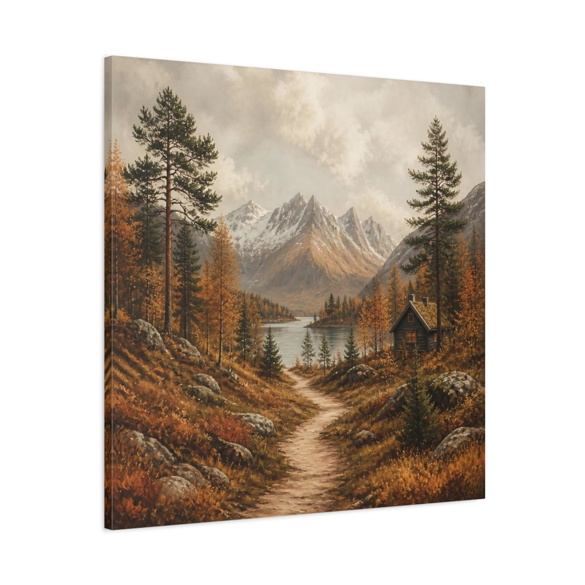 Main Mockup. Nordic Mountain Cabin shown as canvas print