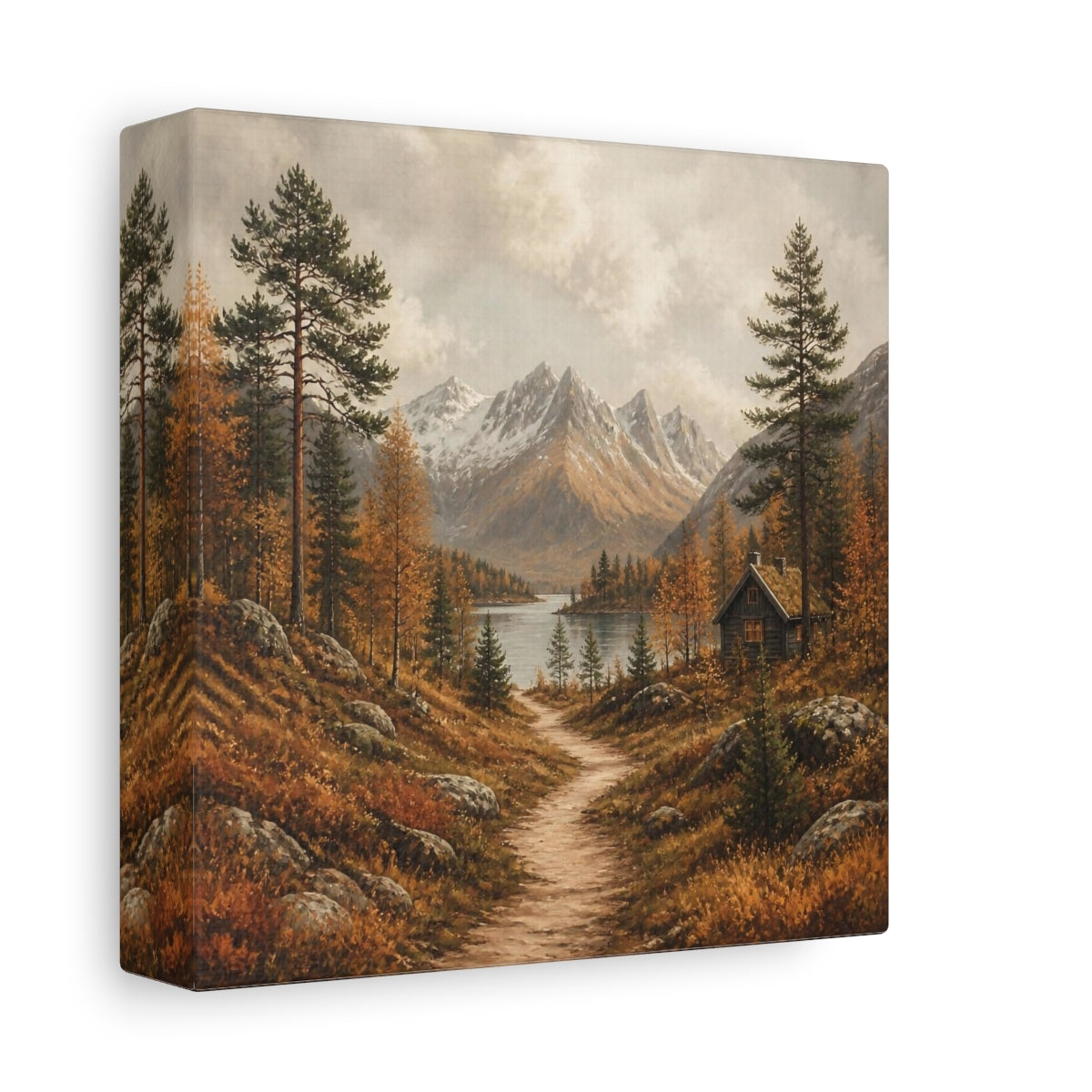 Side Mockup 2. Nordic Mountain Cabin shown as canvas print