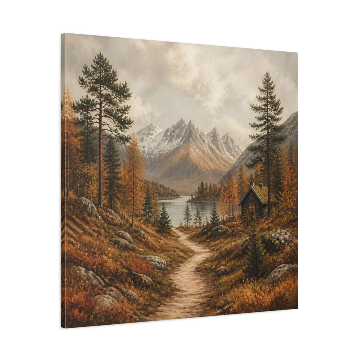 Side Mockup 1. Nordic Mountain Cabin shown as canvas print