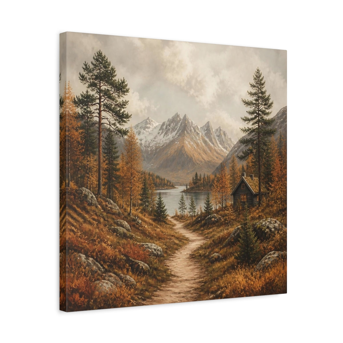Side Mockup 5. Nordic Mountain Cabin shown as canvas print