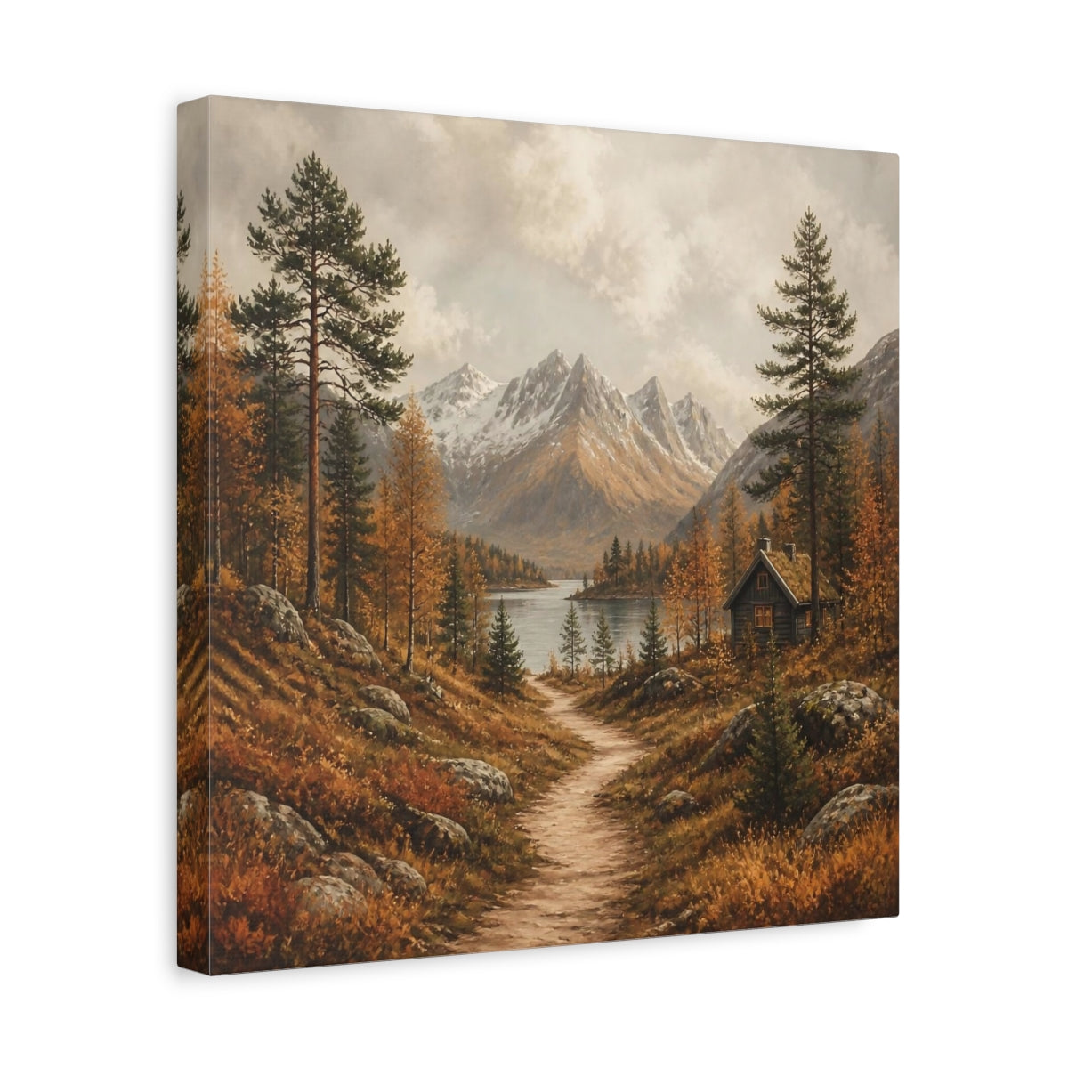 Side Mockup 7. Nordic Mountain Cabin shown as canvas print