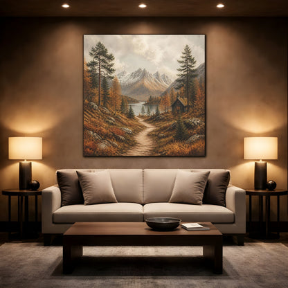 Mockup 2. Nordic Mountain Cabin shown as canvas print