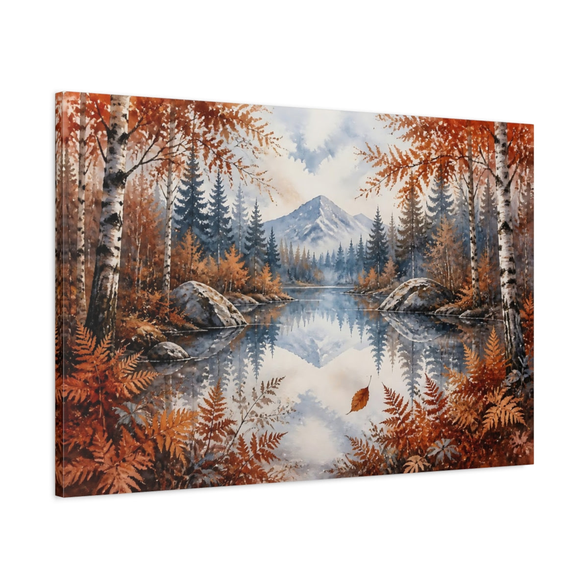 Main Mockup. Nordic Mountain Lake shown as canvas print