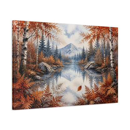 Main Mockup. Nordic Mountain Lake shown as canvas print