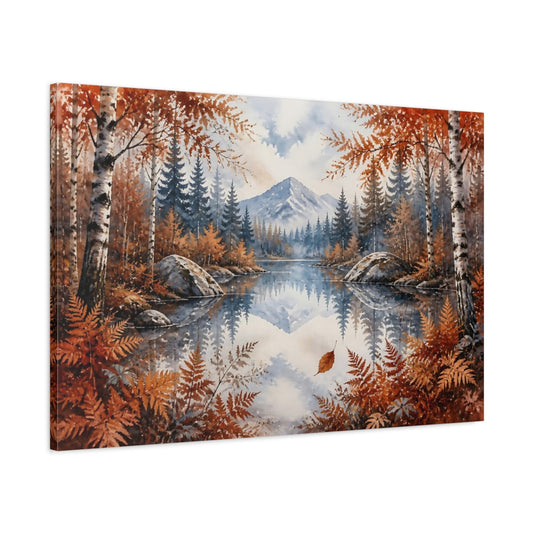 Main Mockup. Nordic Mountain Lake shown as canvas print