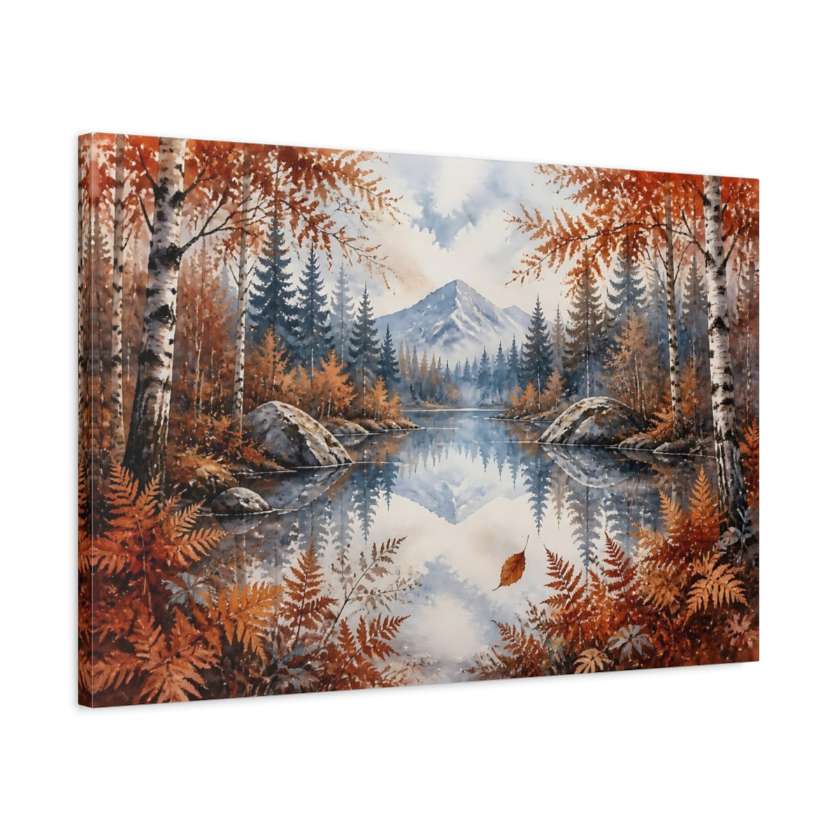 Side Mockup 2. Nordic Mountain Lake shown as canvas print