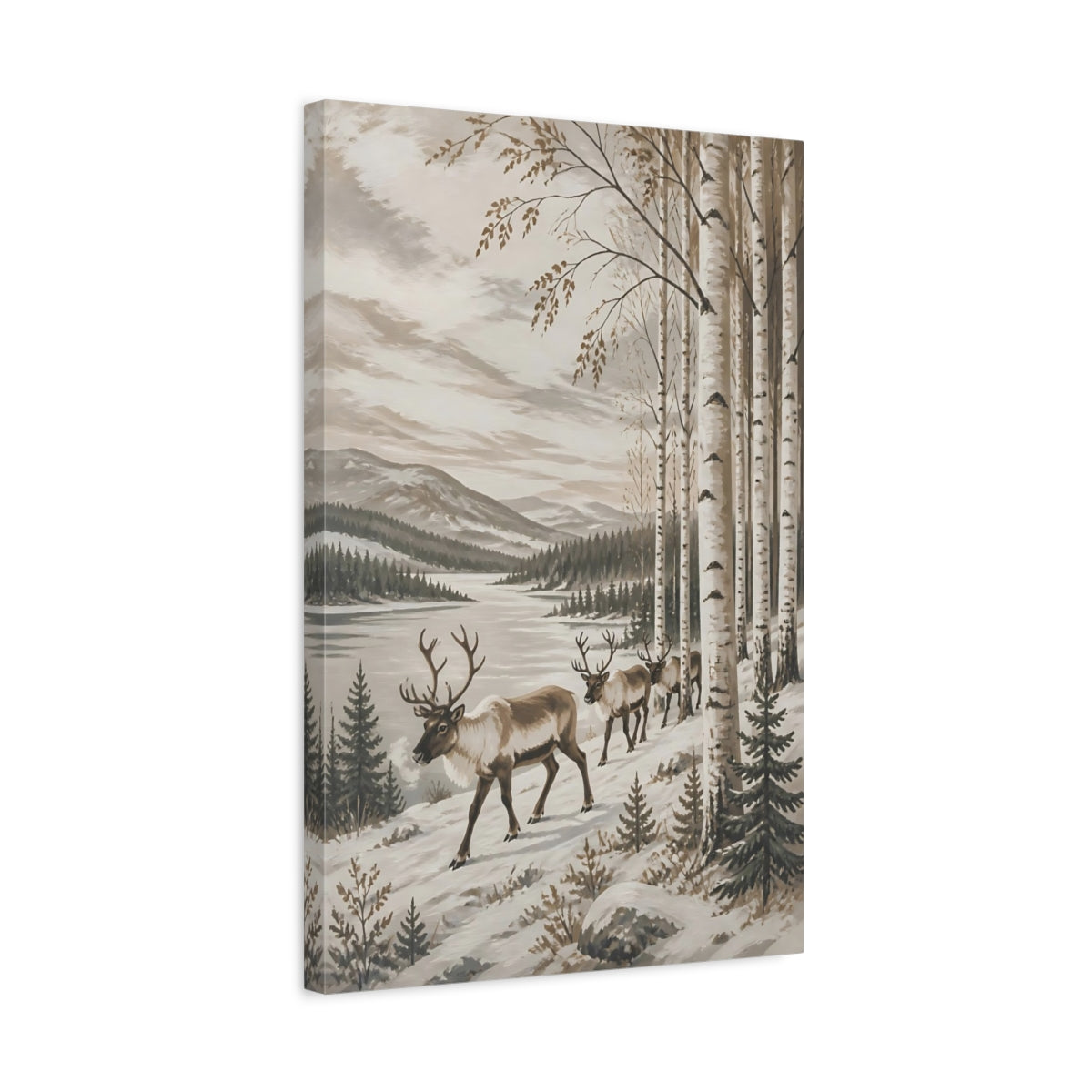 Side Mockup 3. Nordic Reindeer In Birch shown as canvas print