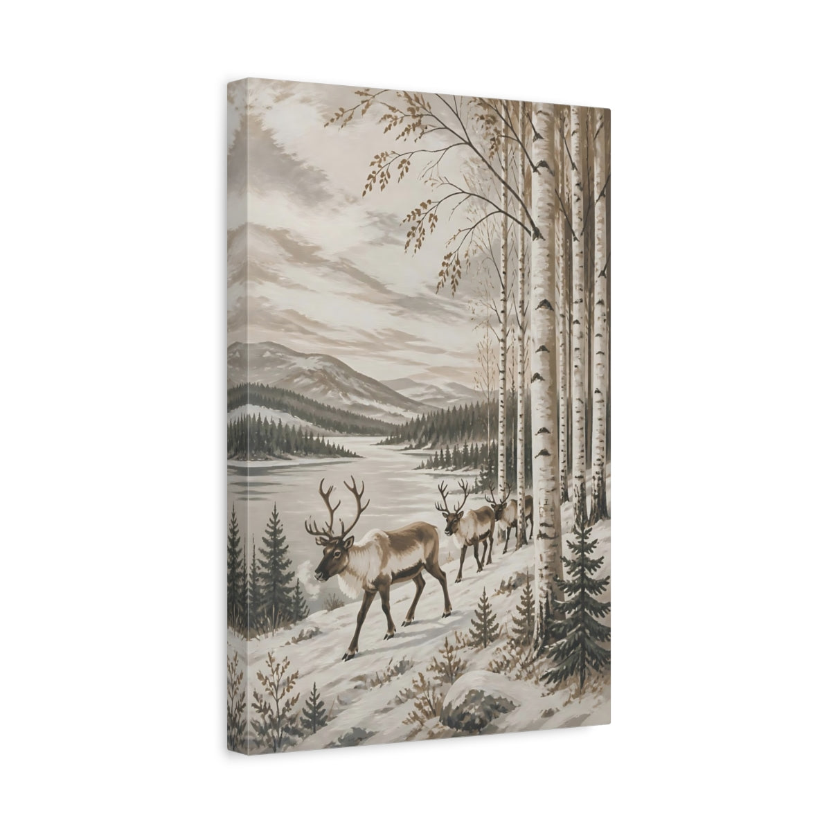 Side Mockup 4. Nordic Reindeer In Birch shown as canvas print