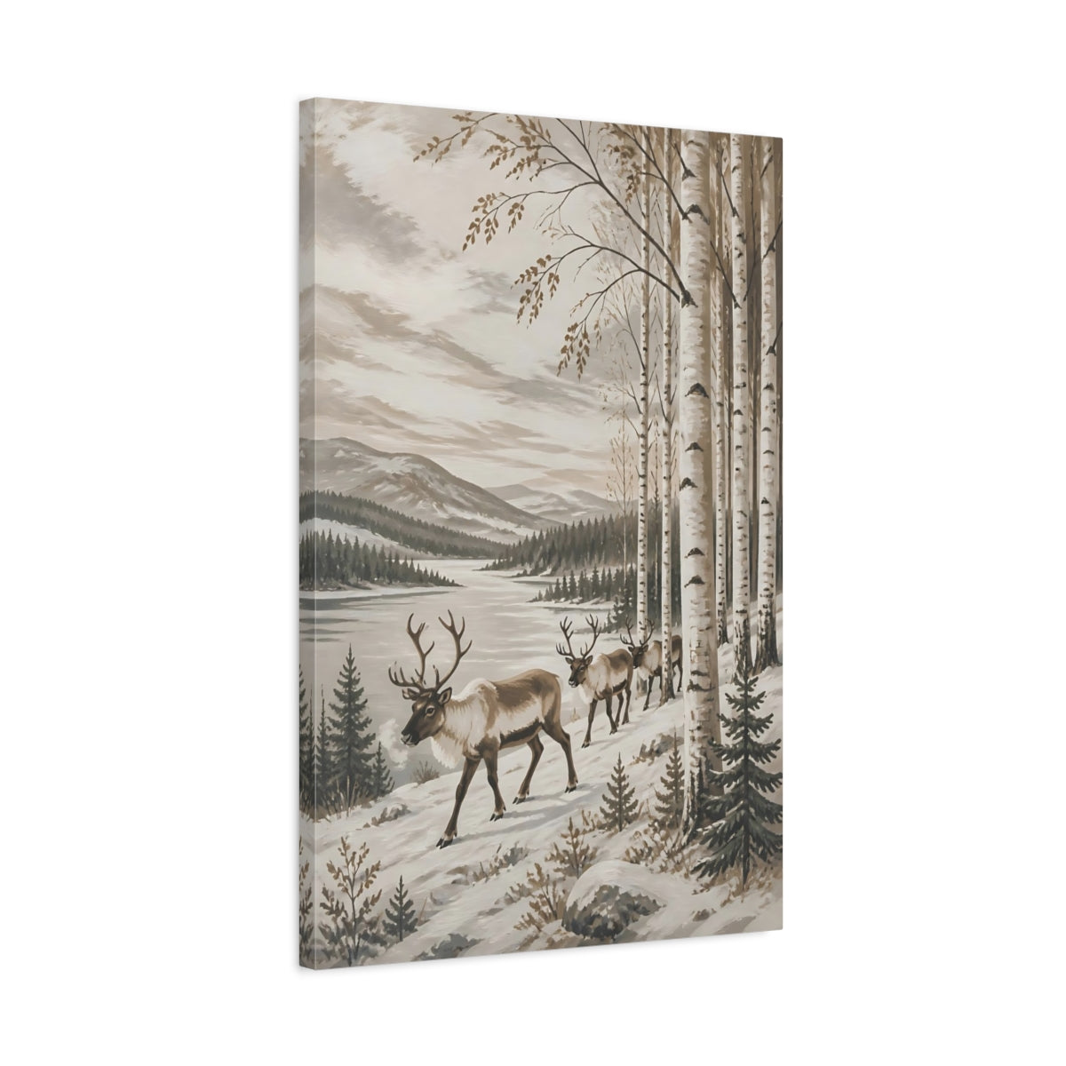Side Mockup 2. Nordic Reindeer In Birch shown as canvas print