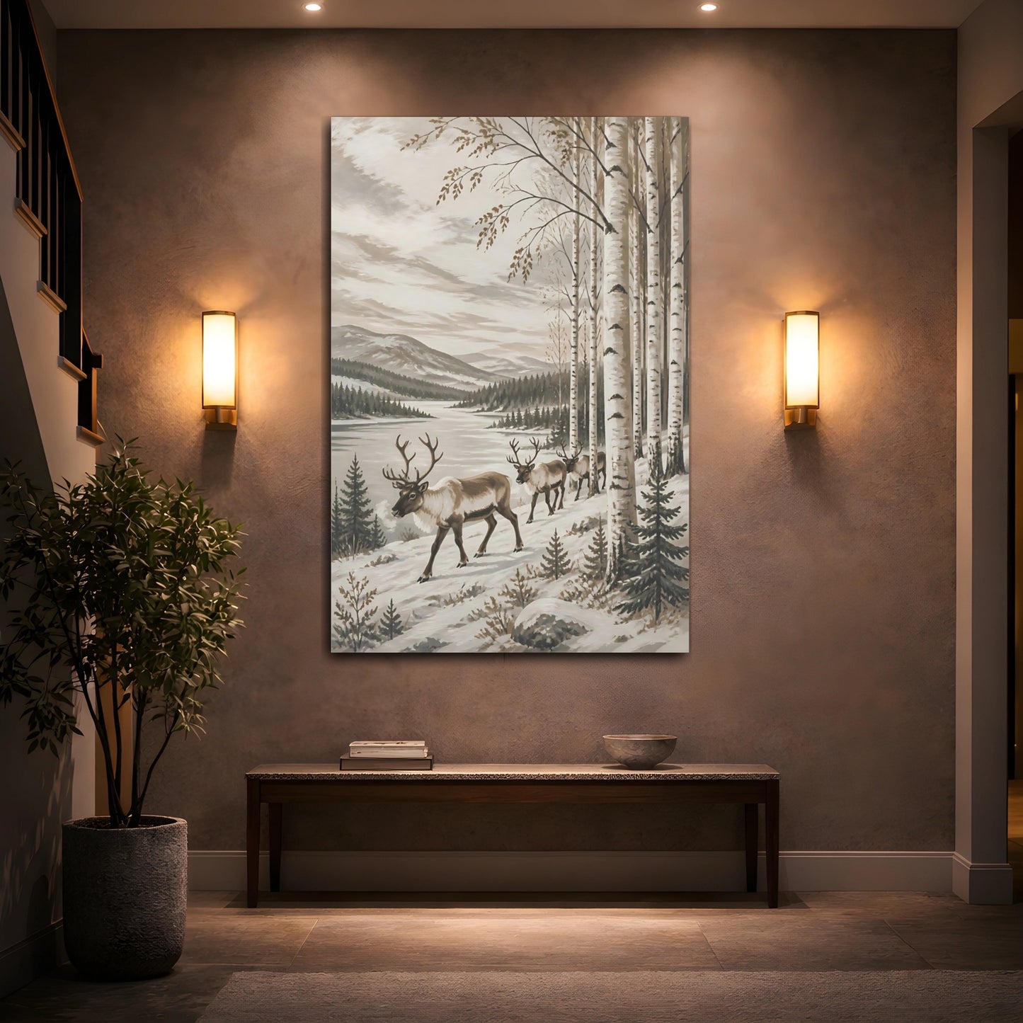 Mockup 2. Nordic Reindeer In Birch shown as canvas print